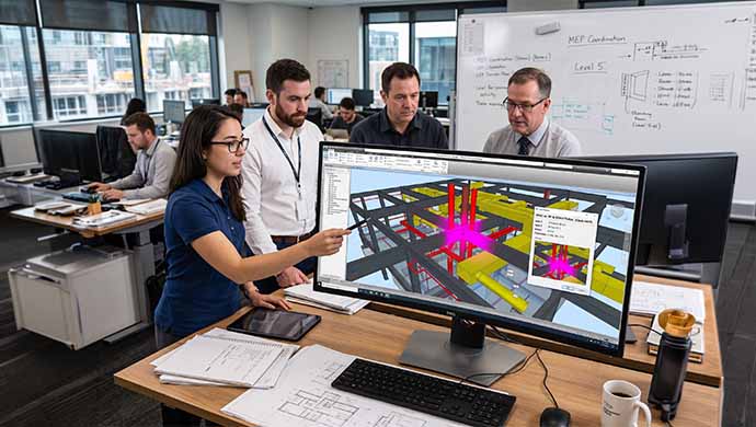 Coordinación BIM 3D de instalaciones contra incendios, estructurales e hidrosanitarias en detección de colisiones