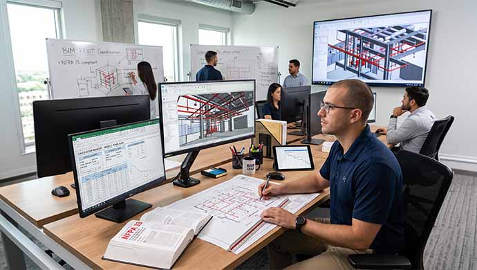 Mesa de trabajo con memorias de cálculo hidráulico, planos ejecutivos y software de simulación de flujo y presión