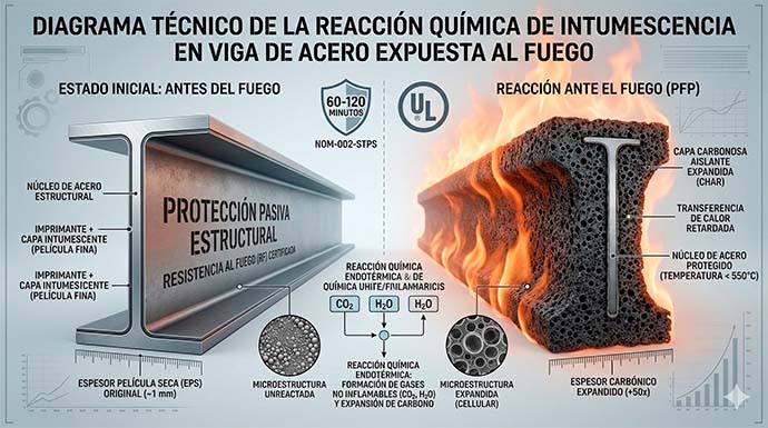 Diagrama técnico de la reacción química de intumescencia en viga de acero expuesta al fuego