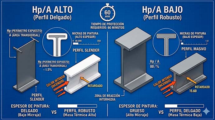 Gráfico comparativo del factor de masividad Hp/A en perfiles de acero delgado vs robusto