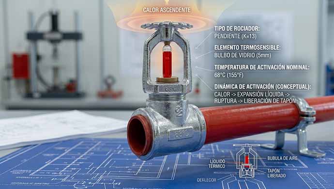 Macro primer plano de bulbo de vidrio de rociador automático mostrando líquido termosensible de 68 grados - Ingeniería de activación ITELCOMEX