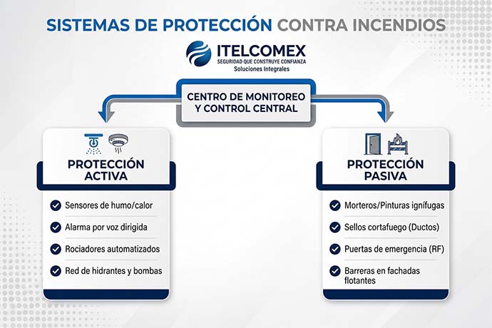 Componentes del ecosistema contra incendios: sistemas de protección activa y pasiva coordinados por un centro de monitoreo central