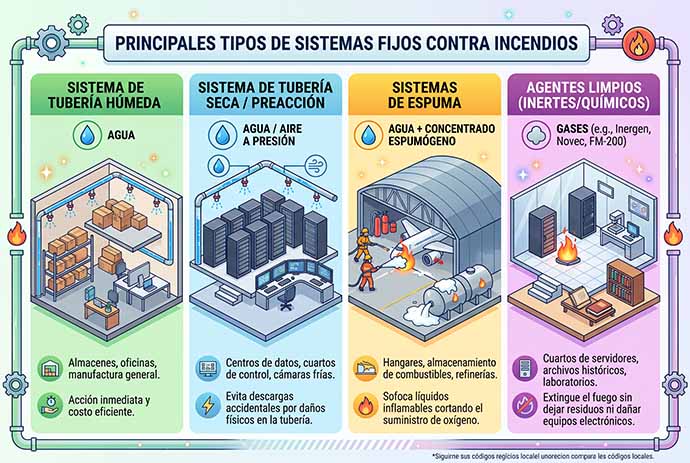 Principales tipos de sistemas fijos contra incendios