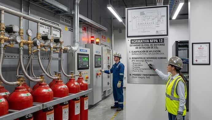 Cilindros de acero rojos de alta presión para sistema de CO2 instalados en batería por Itelcomex